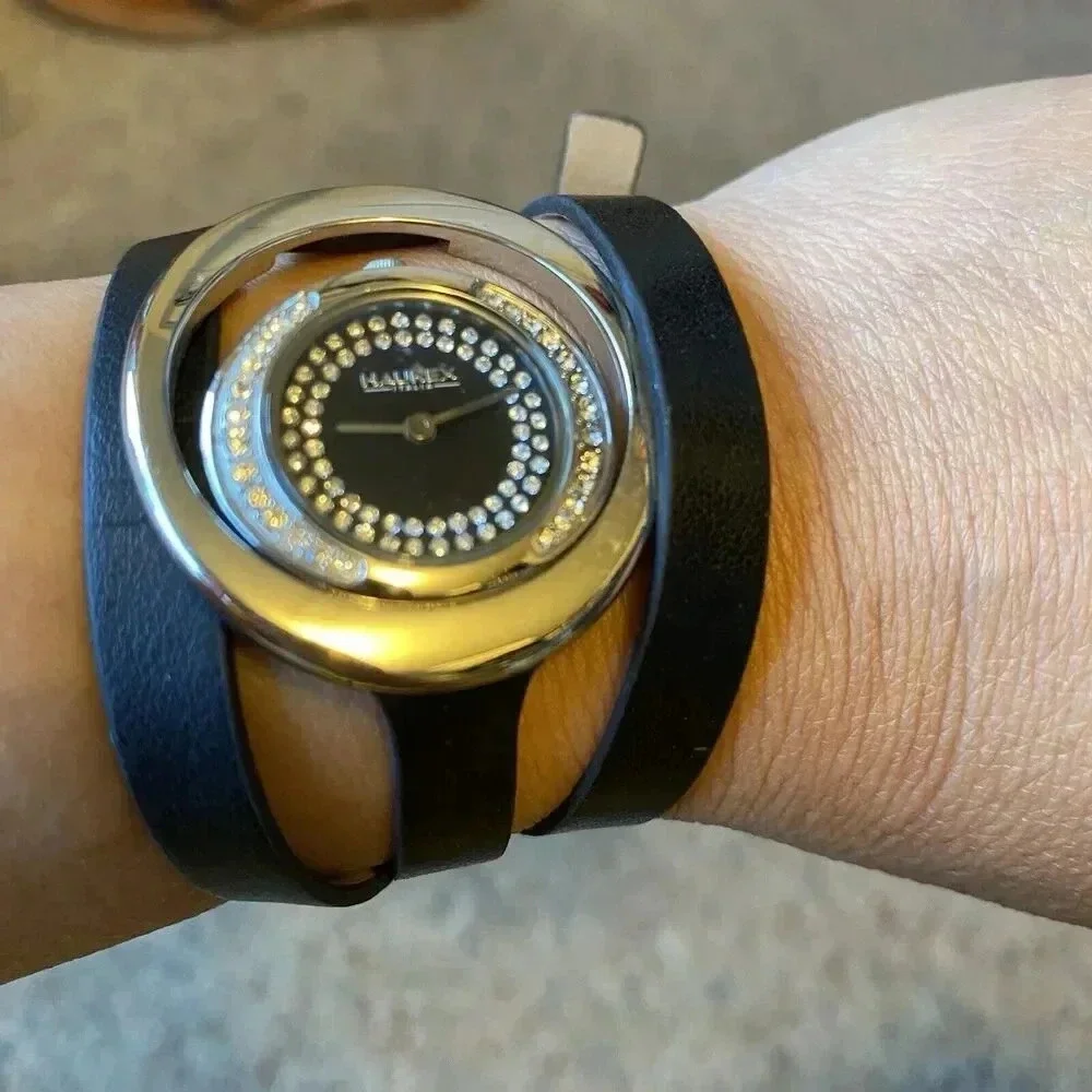 Haurex Italy Lady Watch Original Watch Not Working Silver Crystal Black Leather
